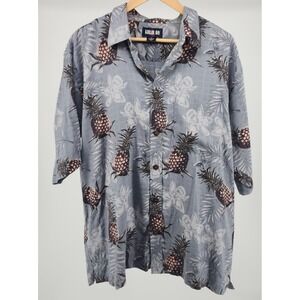 Keeler Bay Mens XL Pineapple Tropical‎ Floral Button Up Shirt Grey Cotton Rayon